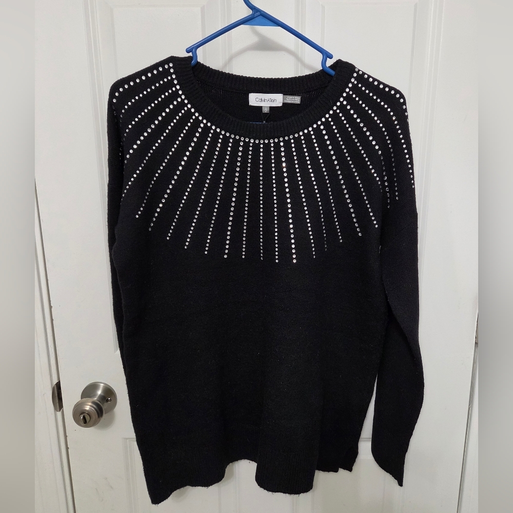 Calvin Klein Rhinestone-Embellished Drop-Sleeve Sweater Black Size S